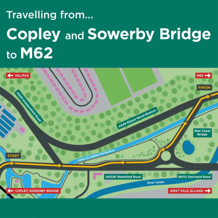 View of the area with arrow linking Copley to the A629 via A6026 Wakefield Road and the new canal bridge. 